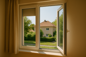 fenêtre ouverte dans une pièce claire avec vue sur une maison et jardin