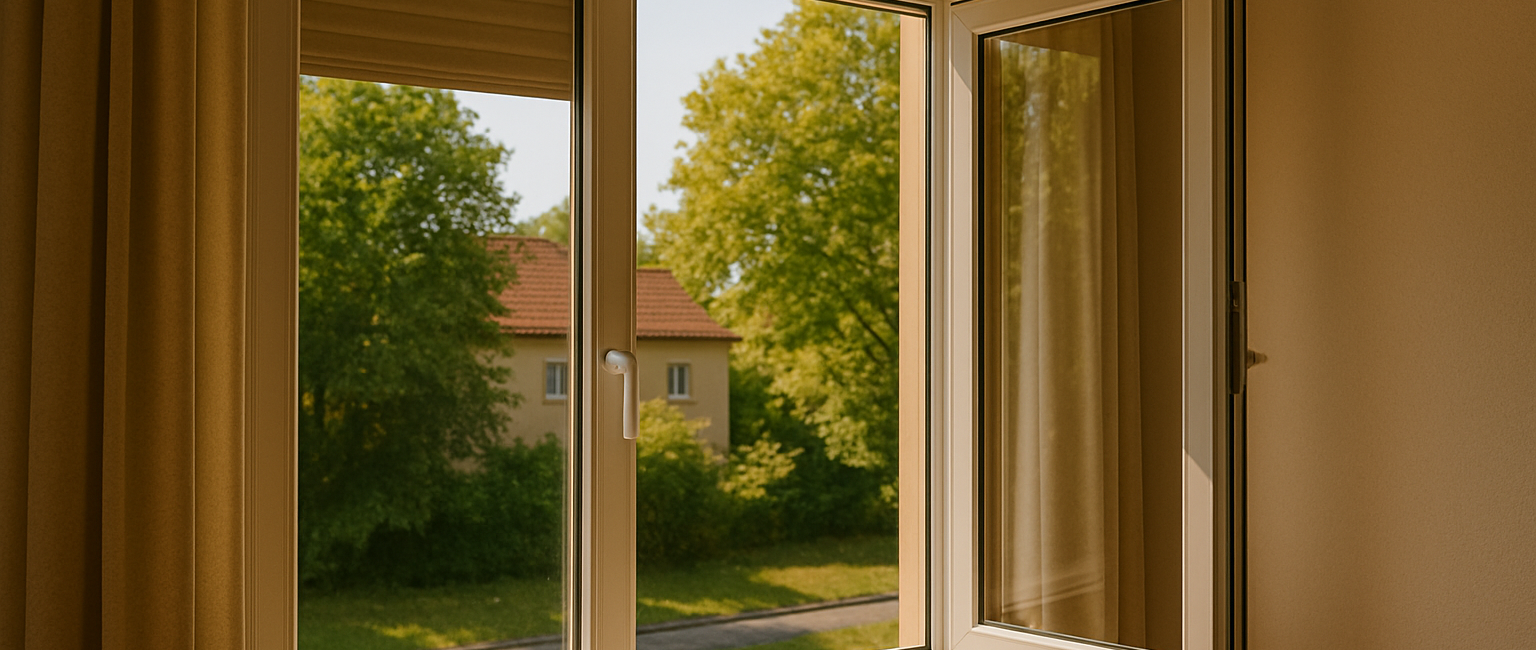 fenêtre ouverte dans une pièce ensoleillée avec vue sur des arbres en été