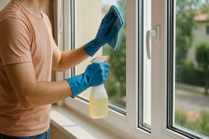Personne nettoyant les vitres et les encadrements d’une fenêtre après l’été avec un spray et un chiffon