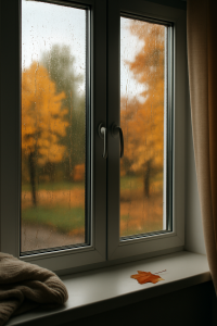 pluie et vent frappant des fenêtres modernes bien étanches pendant une journée d’automne