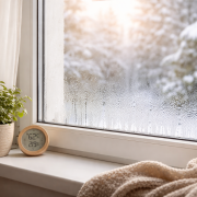 Fenêtre en hiver avec légère condensation, intérieur chaleureux, lumière douce du matin, plante sur l’appui de fenêtre