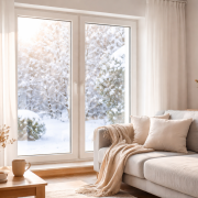 Salon lumineux en hiver avec fenêtre moderne, ambiance cosy, rideaux légers, sensation de confort thermique et silence