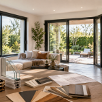 Échantillons de menuiseries et plans de projet posés dans un intérieur lumineux avec grandes fenêtres et porte contemporaine ouvertes sur le jardin