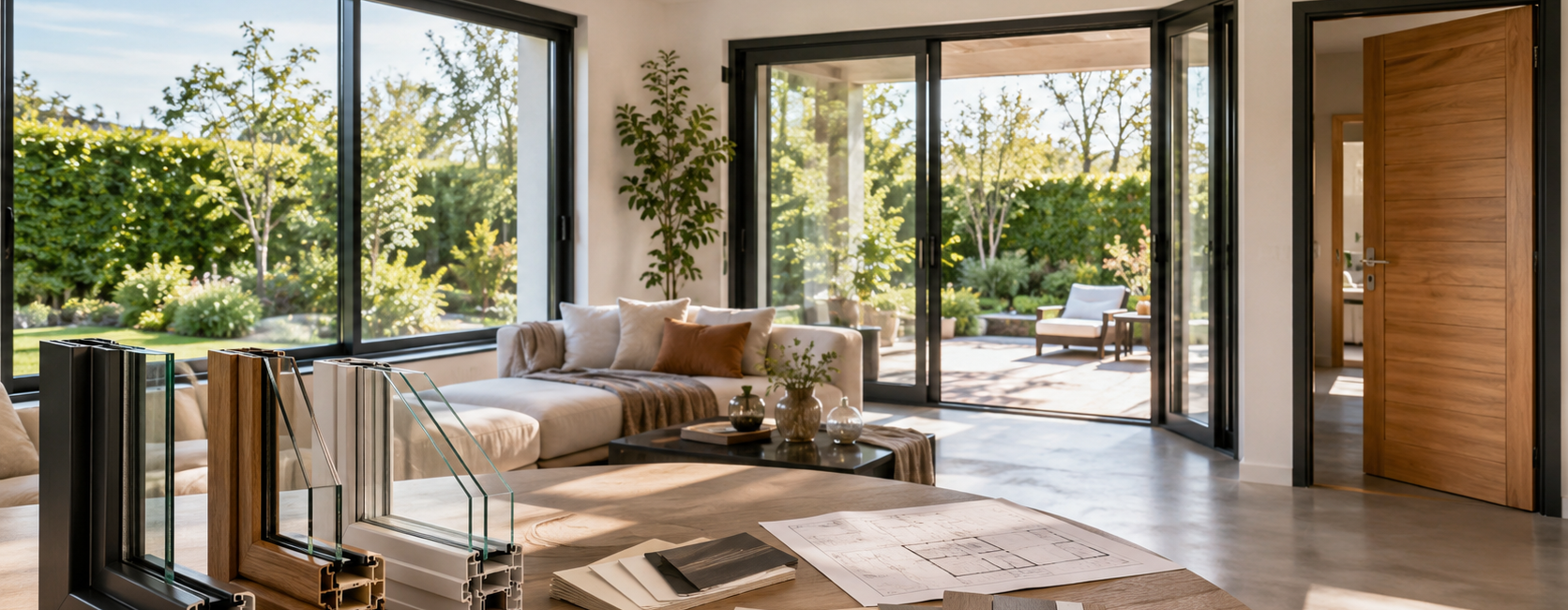 Échantillons de menuiseries et plans de projet posés dans un intérieur lumineux avec grandes fenêtres et porte contemporaine ouvertes sur le jardin