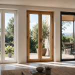 Comparaison visuelle de menuiseries en PVC, bois et aluminium dans un intérieur lumineux ouvert sur l’extérieur
