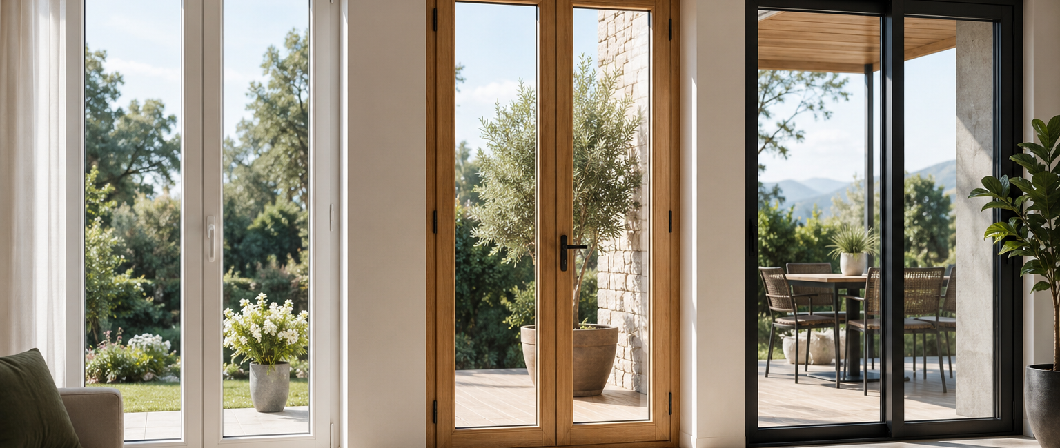 Comparaison visuelle de menuiseries en PVC, bois et aluminium dans un intérieur lumineux ouvert sur l’extérieur